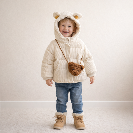 Bear-Ear Hooded Toddler Jacket with Mini Bag – Cozy Corduroy Winter Coat