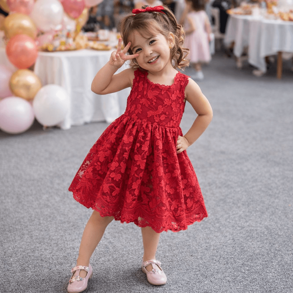 Girls' Sleeveless Lace Overlay Dress | Floral Scallop-Hem Party Dress in White or Red