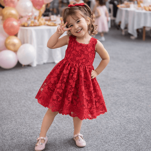 Girls' Sleeveless Lace Overlay Dress | Floral Scallop-Hem Party Dress in White or Red