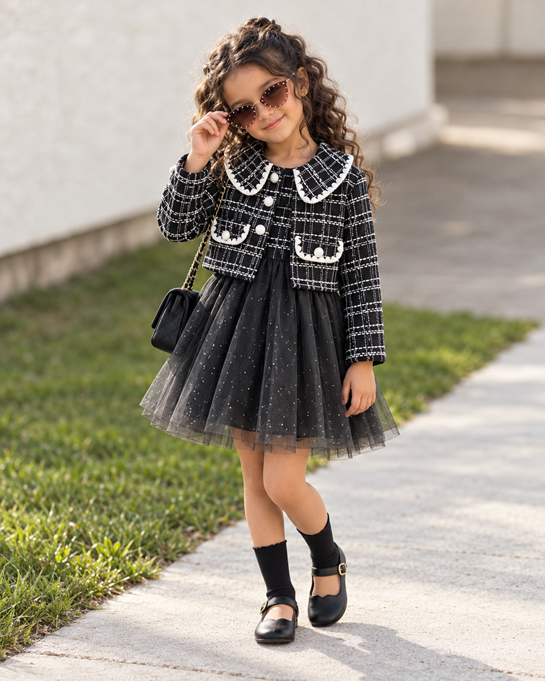Black & White Tweed Jacket and Shorts Set for Girls