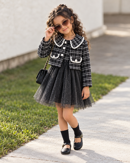 Black & White Tweed Jacket and Shorts Set for Girls