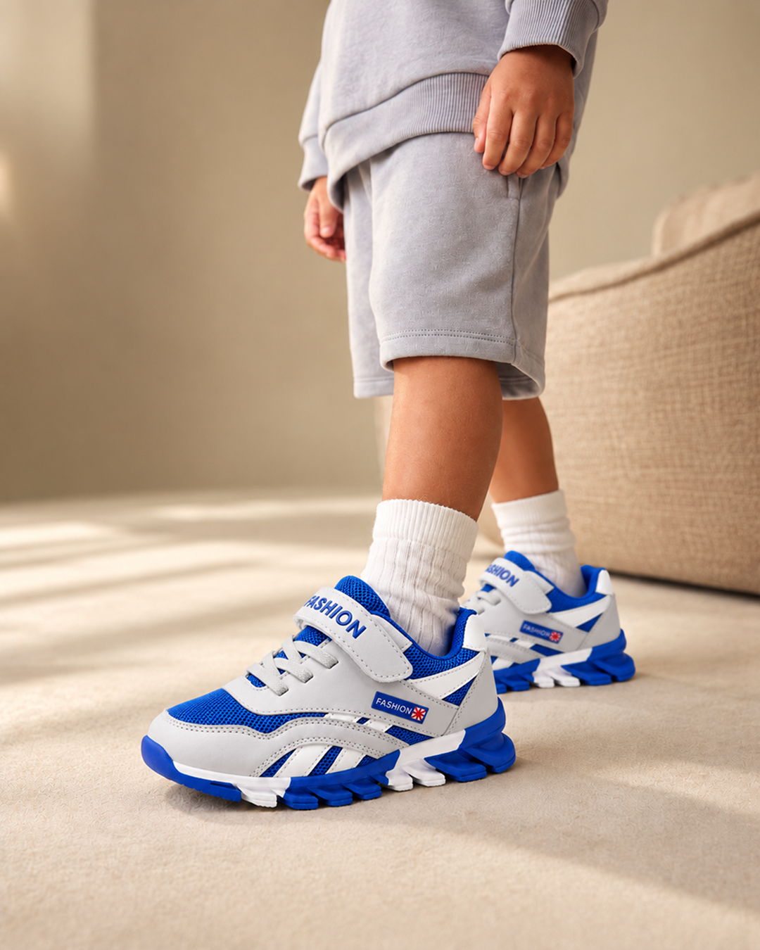 Blue Mesh Hook-and-Loop Sneakers for Boys