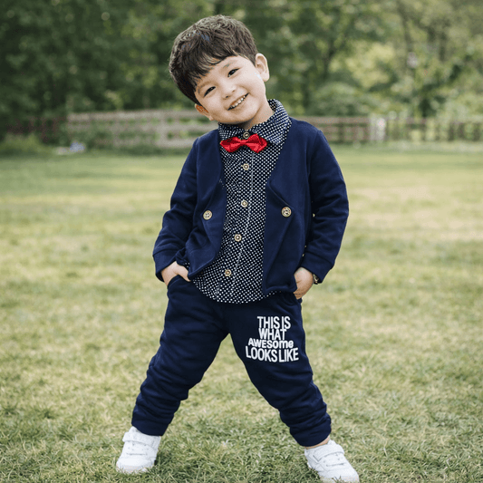 Toddler Boy's Faux-Layer Blazer & Trouser Set | Bow Tie Gentleman Outfit in Navy, Red or Grey