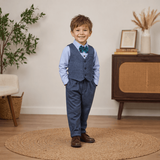 Boys' 3-Piece Dress Shirt, Waistcoat & Trouser Suit Set | Toddler & Kids Gentleman Outfit with Bow Tie