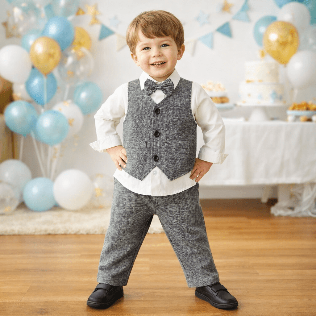 Boys' Long-Sleeve Shirt, Textured Waistcoat & Trouser Set | 3-Piece Bow Tie Suit in Stripe, Plaid & Solid