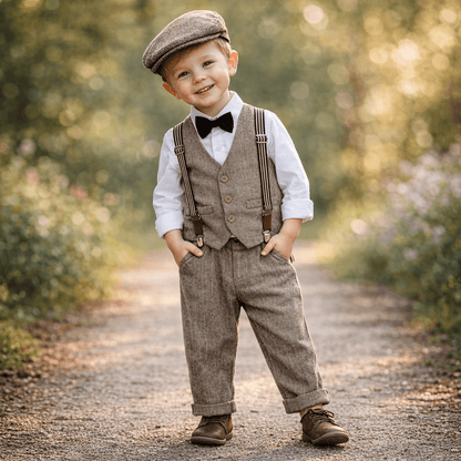 Toddler Boys' Herringbone Vest, Long Sleeve Shirt & Suspender Trousers Gentleman Set with Newsboy Cap – Sizes 18 Months–4 Years