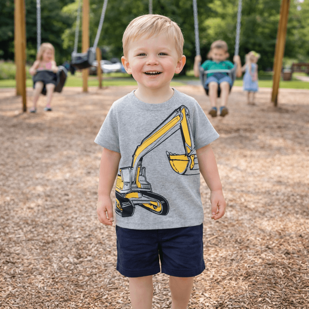 Boys' Graphic Cotton Tee – Short-Sleeve Dinosaur & Excavator Print T-Shirt for Toddlers & Little Boys (2–8 Years)