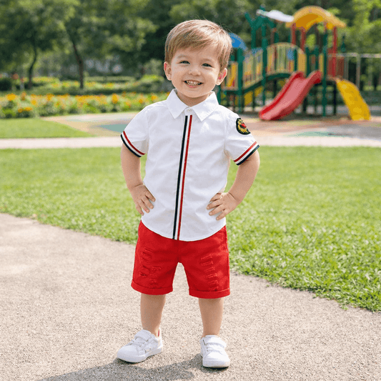 Boys' Printed Short-Sleeve Shirt & Ripped Shorts Set | Summer 2-Piece in Tropical, Floral & Stripe Styles