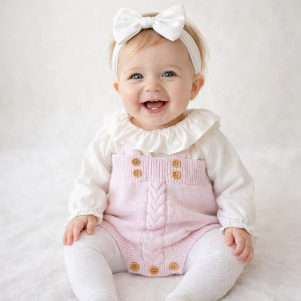 Cable-Knit Baby Romper Bloomers – Soft Cotton Buttoned One-Piece for Little Girls
