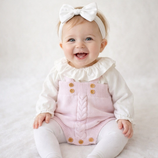 Cable-Knit Baby Romper Bloomers – Soft Cotton Buttoned One-Piece for Little Girls