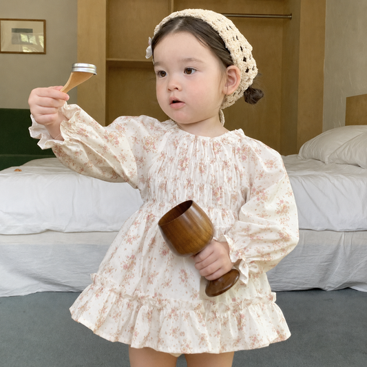 Vintage Floral Pleated Baby Dress Romper with Ruffle Hem