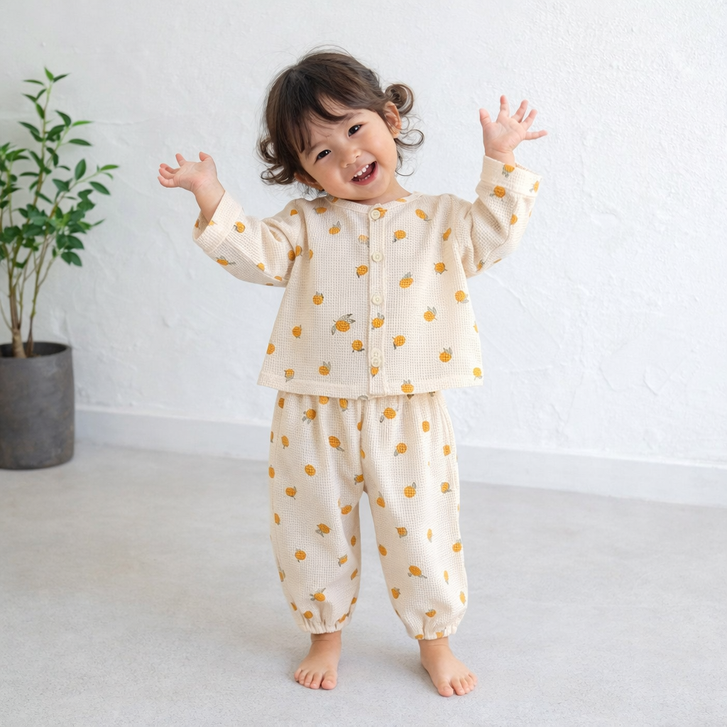 Cotton Baby Two-Piece Lounge Set (Long Sleeve Top + Pants) – Fruit Prints