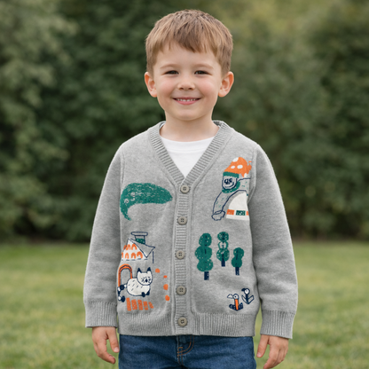 Unisex Kids Cotton Knit Cardigan Sweater (2–8 Years) – Button-Front V-Neck, Storybook Print