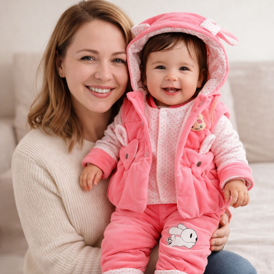 Cozy Bunny Quilted Baby Winter Set (3-Piece) – Hooded Jacket, Vest & Pants for Little Girls