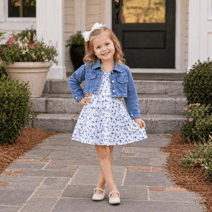 Cropped Denim Jacket & Blue Floral Tiered Dress Set