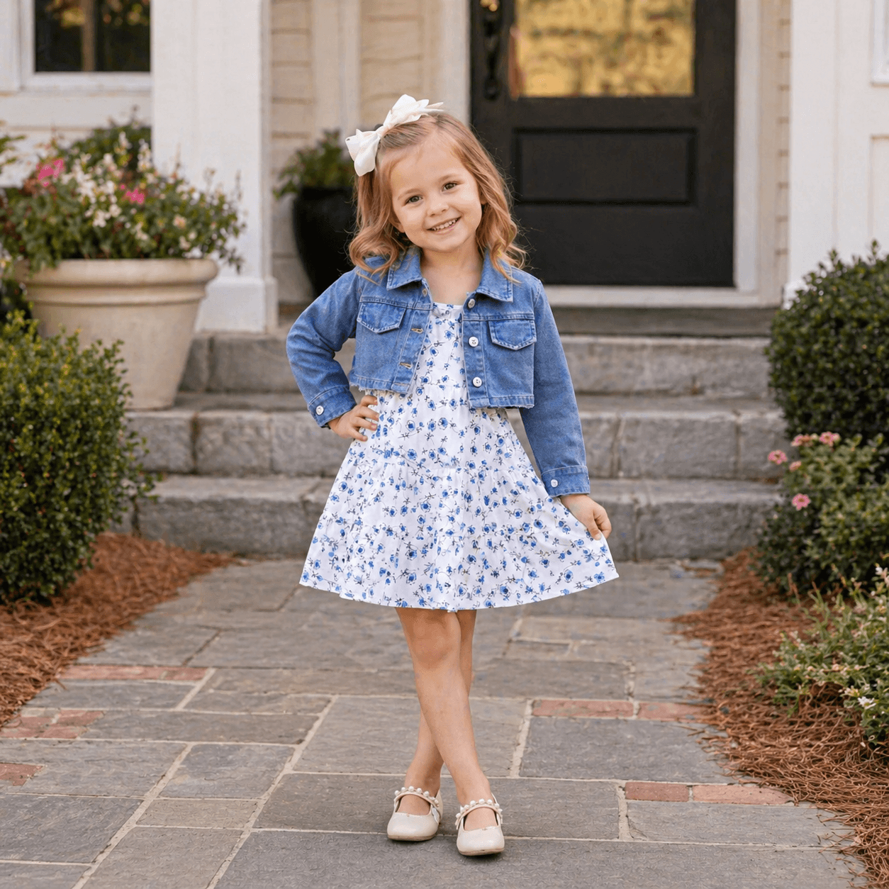 Cropped Denim Jacket & Blue Floral Tiered Dress Set