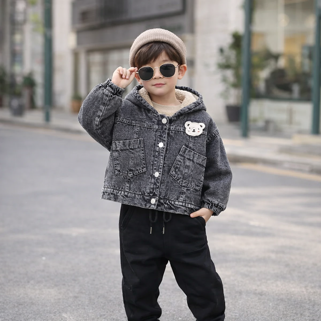 Baby & Toddler Denim Hooded Jacket with Fleece Lining – Cozy Bear Design (Spring–Fall)