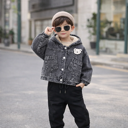 Baby & Toddler Denim Hooded Jacket with Fleece Lining – Cozy Bear Design (Spring–Fall)