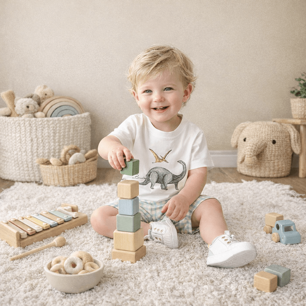 Toddler Boys' Dinosaur Graphic Tee & Gingham Shorts Set – Illustrated Dino Print, Sizes 6 Months–3 Years