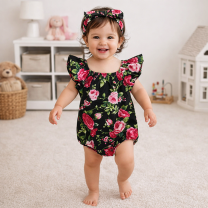 Floral Flutter Sleeve Baby Romper with Headband