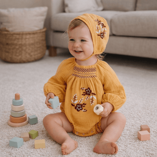 Marigold Floral Embroidered Muslin Romper & Bonnet Set – Baby Girl