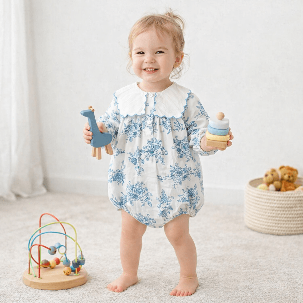 Blue & White Toile Floral Romper with Scallop Collar – Baby Girl