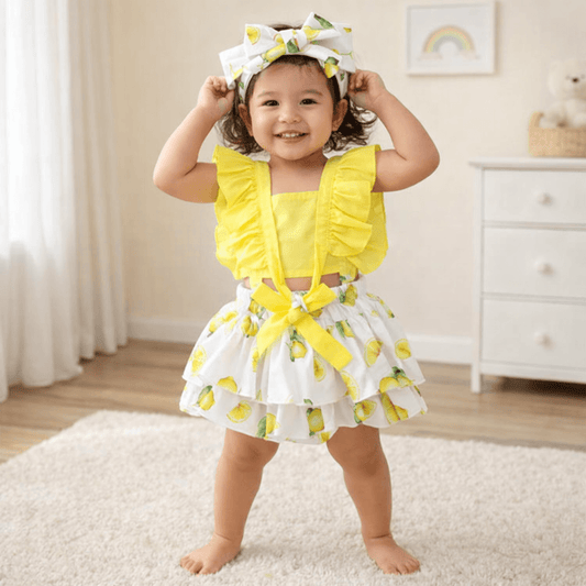 Baby Girl's Lemon Print 3-Piece Summer Set | Ruffle Top, Layered Bloomer Skirt & Headband