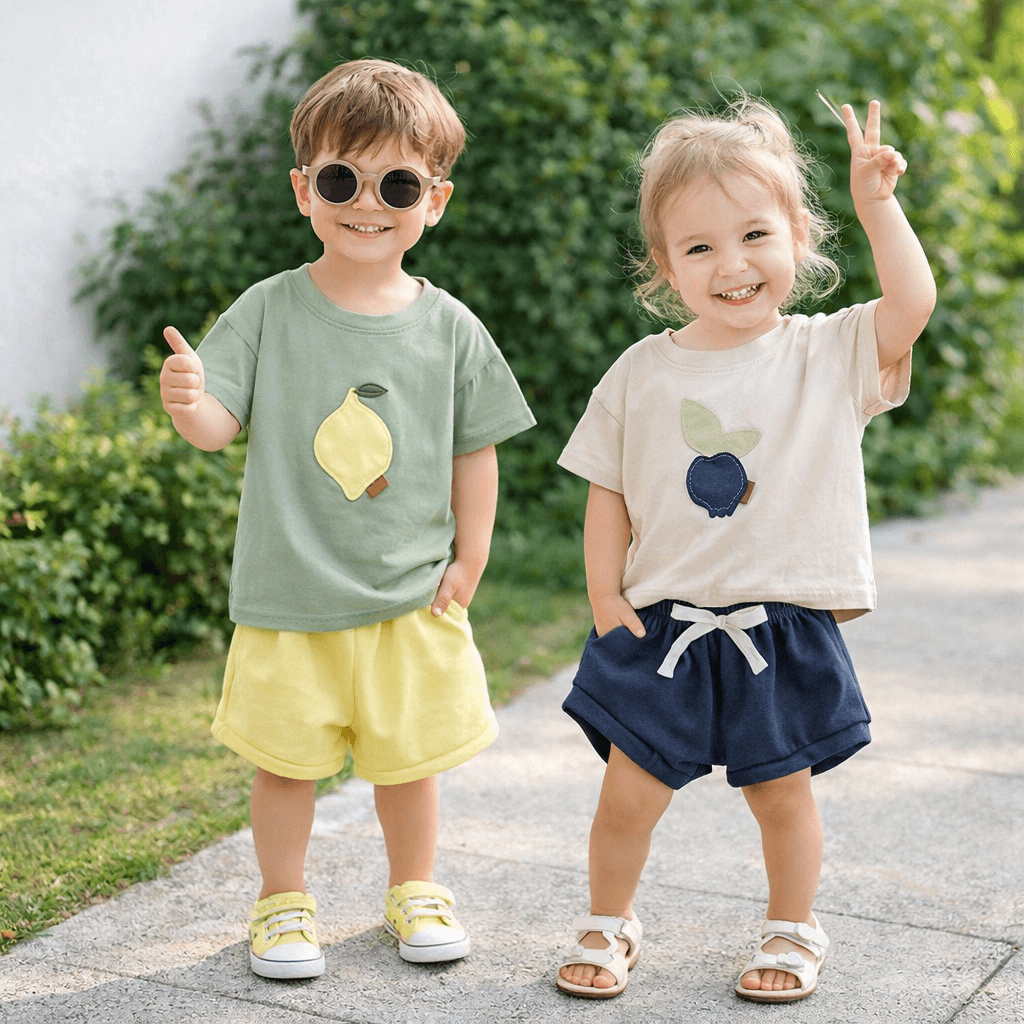 Baby & Toddler Fruit Appliqué Tee & Bloomer Shorts Set | Summer Cotton 2-Piece in Sage or Camel