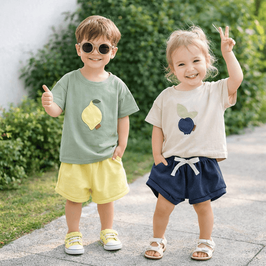 Baby & Toddler Fruit Appliqué Tee & Bloomer Shorts Set | Summer Cotton 2-Piece in Sage or Camel