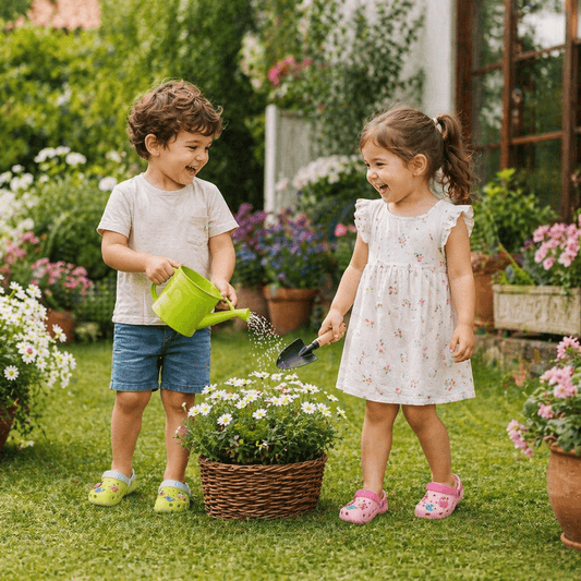 Two-Tone Garden Clog Sandals with Cartoon Charms | Kids' EVA Slip-On Shoes in 4 Colorways