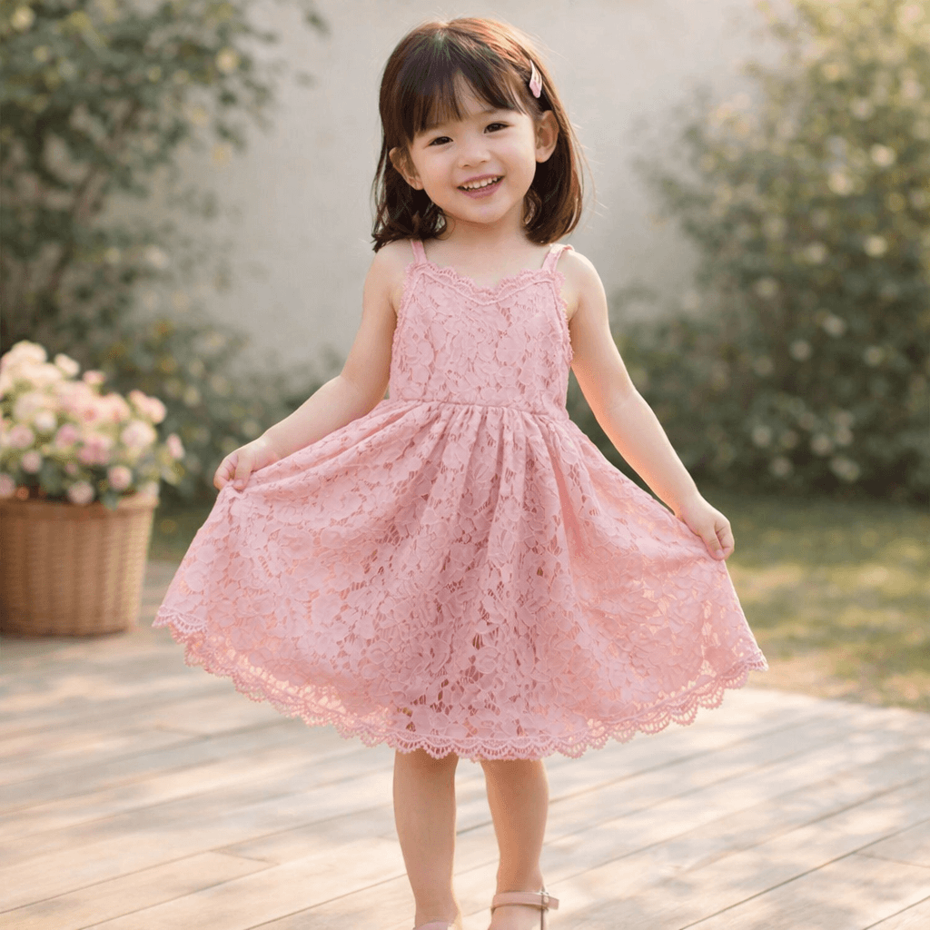 Girls' All-Over Lace Spaghetti Strap Dress – Floral Cutout, Full Skirt, Sizes 3–8