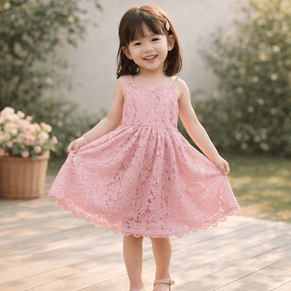 Girls' All-Over Lace Spaghetti Strap Dress – Floral Cutout, Full Skirt, Sizes 3–8