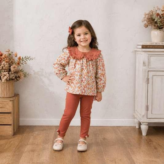Girls' Autumn Floral Blouse & Rust Leggings Set with Embroidered Peter Pan Collar
