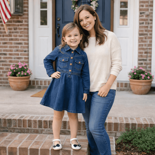 Girls' Button-Front Denim A-Line Dress – Long Sleeve with Chest Pockets, Sizes 2–8