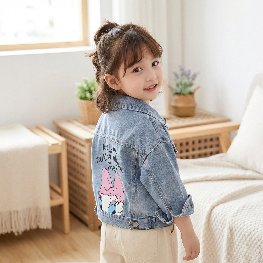Girls Cartoon Denim Jacket – Playful Button-Front Coat for Spring & Fall (Ages 2–7)