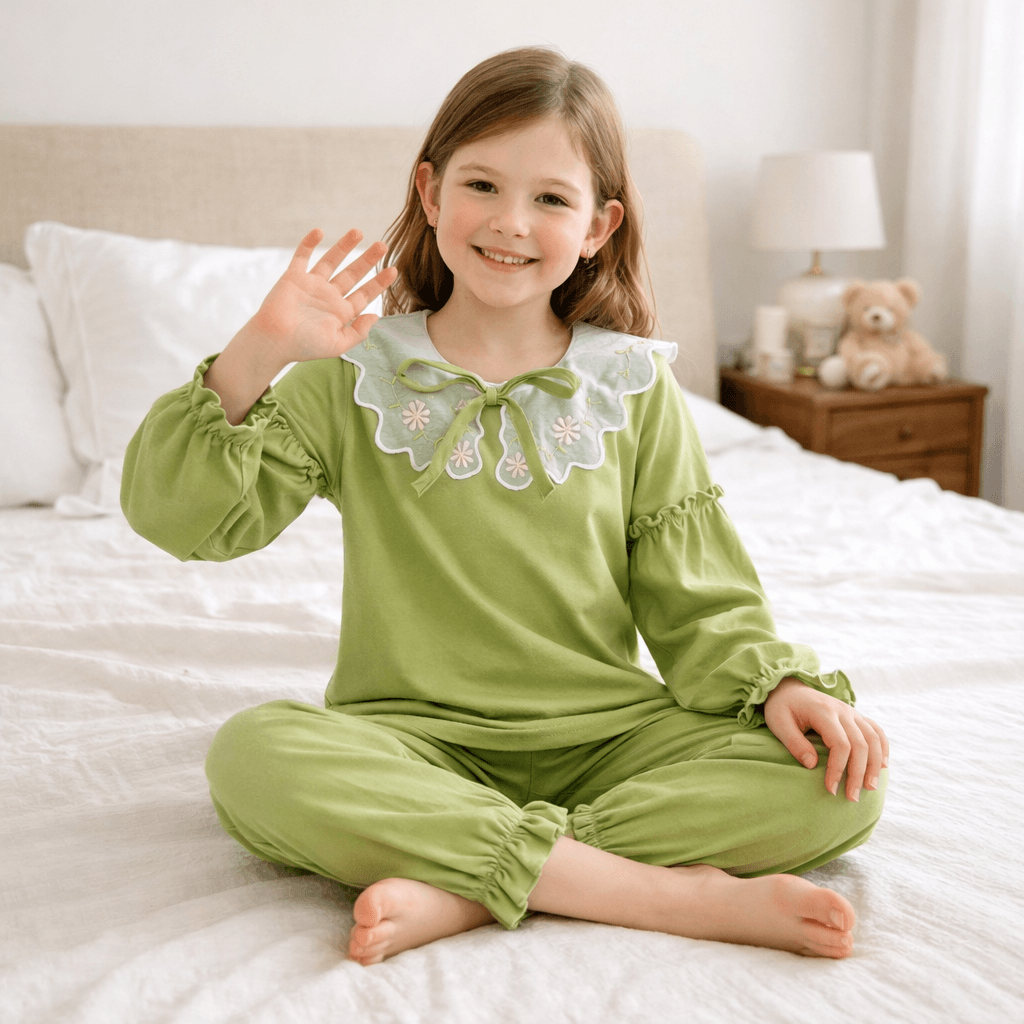 Girls' Cotton Pajama Set – Floral Embroidered Ruffle Collar Long-Sleeve Top & Pants (4–12 Years)