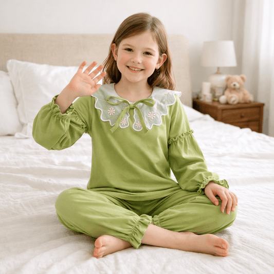 Girls' Cotton Pajama Set – Floral Embroidered Ruffle Collar Long-Sleeve Top & Pants (4–12 Years)