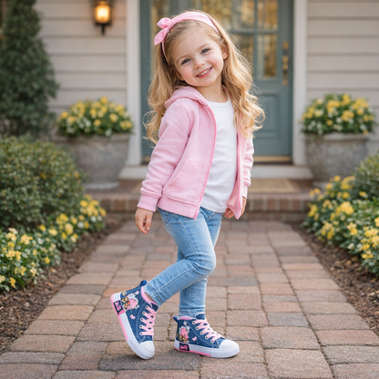 Girls’ High-Top Canvas Sneakers – Cute Cartoon Design, Comfy & Durable