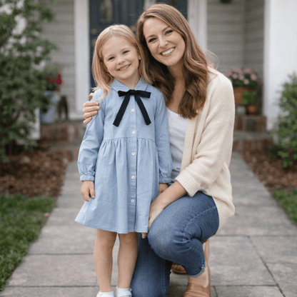 Girls' Long-Sleeve Button-Front Shirt Dress – Cotton A-Line with Belt or Bow Detail