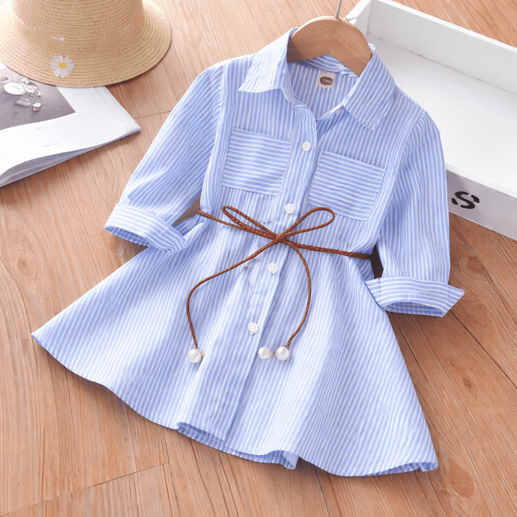 Girls' Long-Sleeve Button-Front Shirt Dress – Cotton A-Line with Belt or Bow Detail