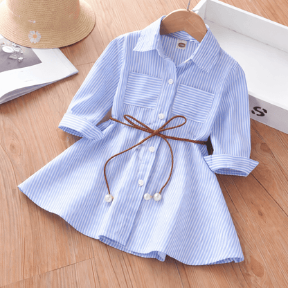 Girls' Long-Sleeve Button-Front Shirt Dress – Cotton A-Line with Belt or Bow Detail