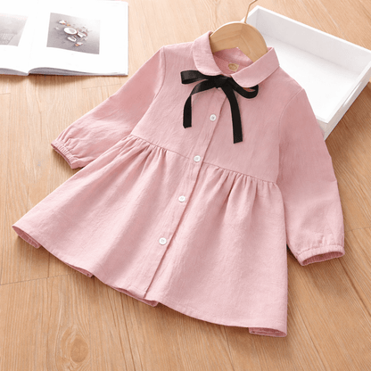 Girls' Long-Sleeve Button-Front Shirt Dress – Cotton A-Line with Belt or Bow Detail