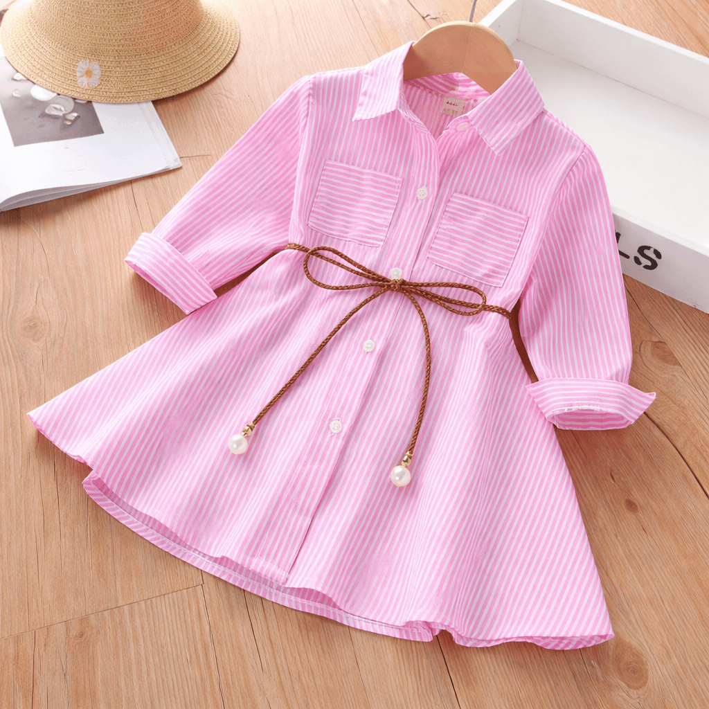 Girls' Long-Sleeve Button-Front Shirt Dress – Cotton A-Line with Belt or Bow Detail