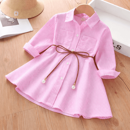 Girls' Long-Sleeve Button-Front Shirt Dress – Cotton A-Line with Belt or Bow Detail