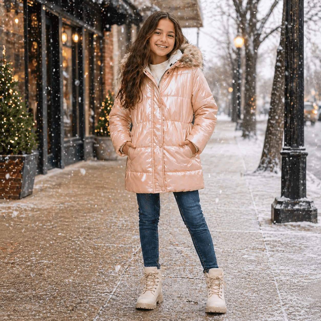 Girls’ Mid-Length Puffer Coat with Faux-Fur Hood (Winter Jacket)