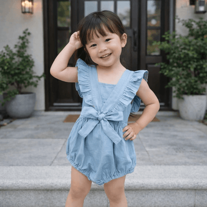 Baby Girls' Ruffle Strap Denim Romper – Sleeveless Bubble Bodysuit with Bow Detail