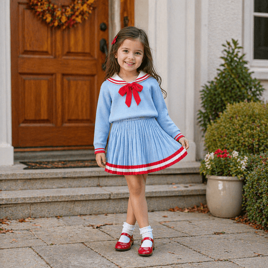 Girls' Sailor-Collar Knit Sweater & Pleated Skirt Set — Sky Blue with Red Stripe Trim