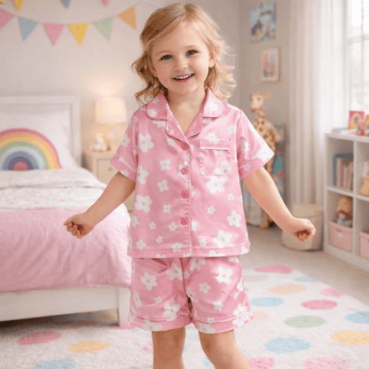 Toddler Girls' Satin Pajama Set – Floral Print Button-Front Short Sleeve Top & Shorts (12 Months–6 Years)