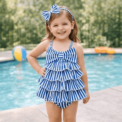 Girls' Striped Tiered Ruffle One-Piece Swimsuit & Bow Headband Set – Beach-Ready Style, Sizes 2–8 Y