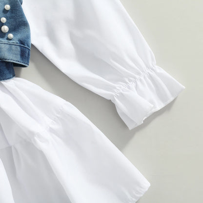 Pearl-Detailed Denim Wrap Vest & White Tiered Shirt Dress Set for Girls